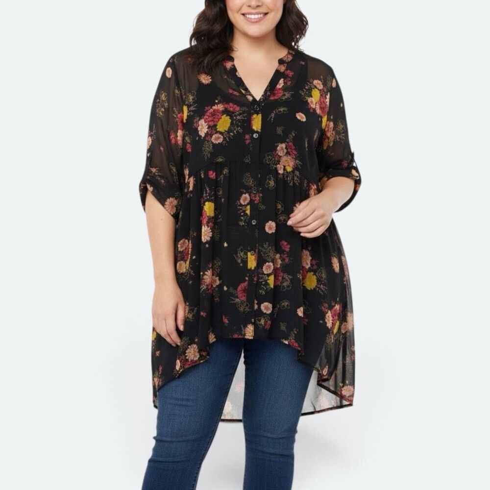Torrid Lexie Black Red Floral Hi Low Babydoll Top Sz 1X
